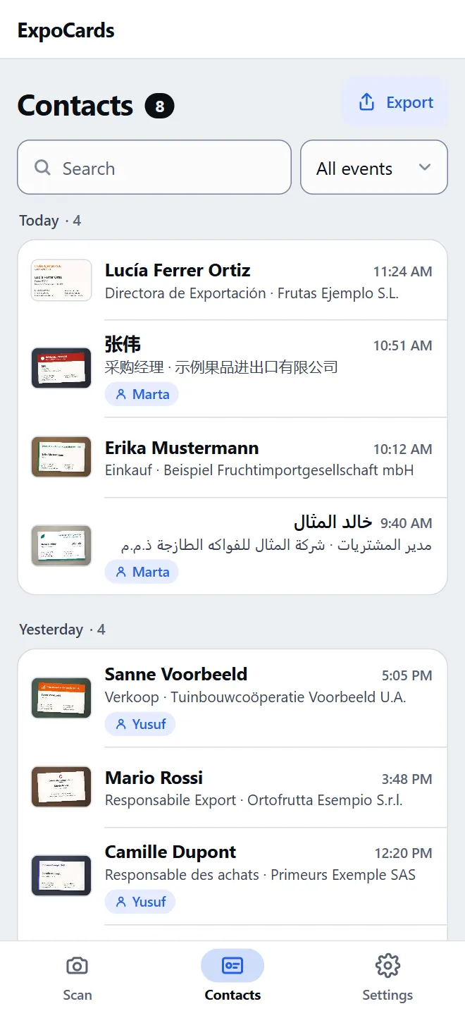 ExpoCards contact list: fictional contacts with names in Spanish, Chinese, German, Arabic, Dutch, Italian, French and Portuguese, all tagged with the same event, under a search box, an event filter and CSV and Excel buttons.