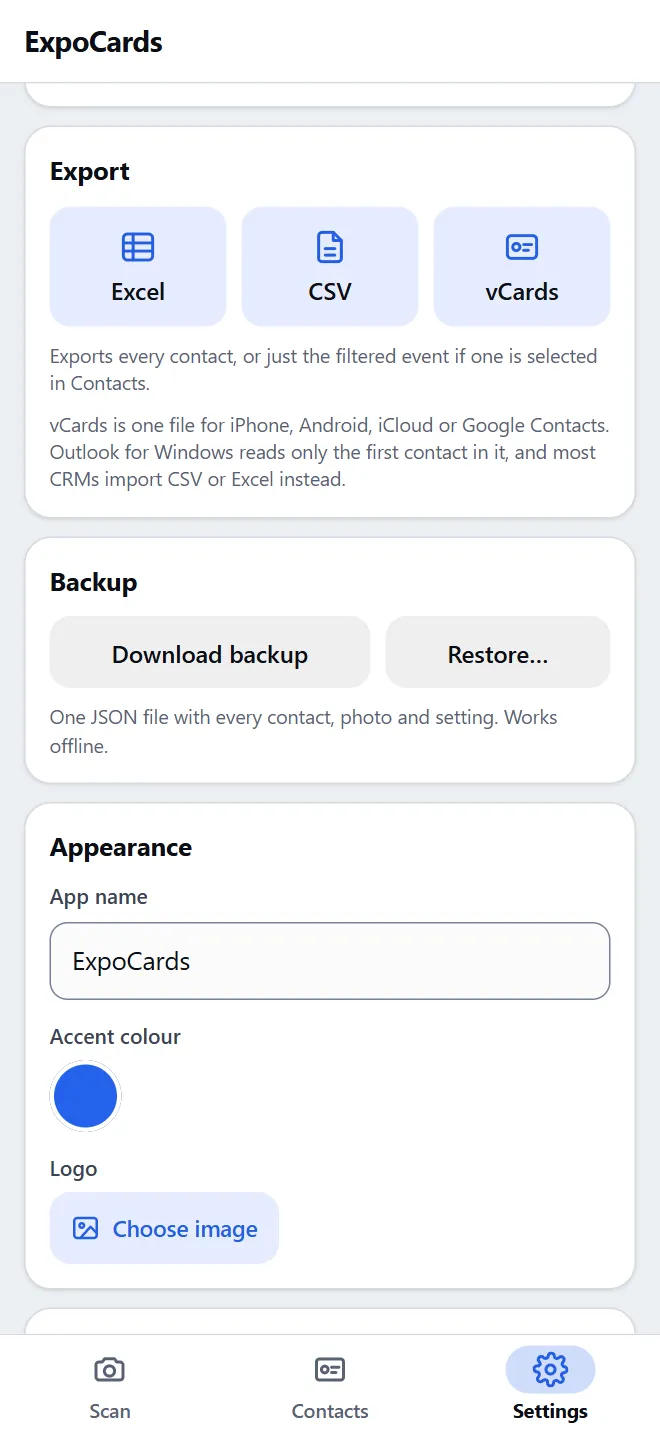 ExpoCards Settings screen: Export buttons for CSV, Excel and vCards, and a Backup section with “Download backup” and “Restore”.