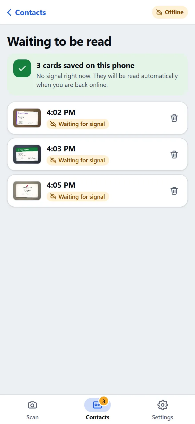 ExpoCards queue screen titled “Waiting to be read”: three photographed cards saved on the phone, each with the message “You are offline. The card is saved and will be read later”, and Retry and Discard buttons.