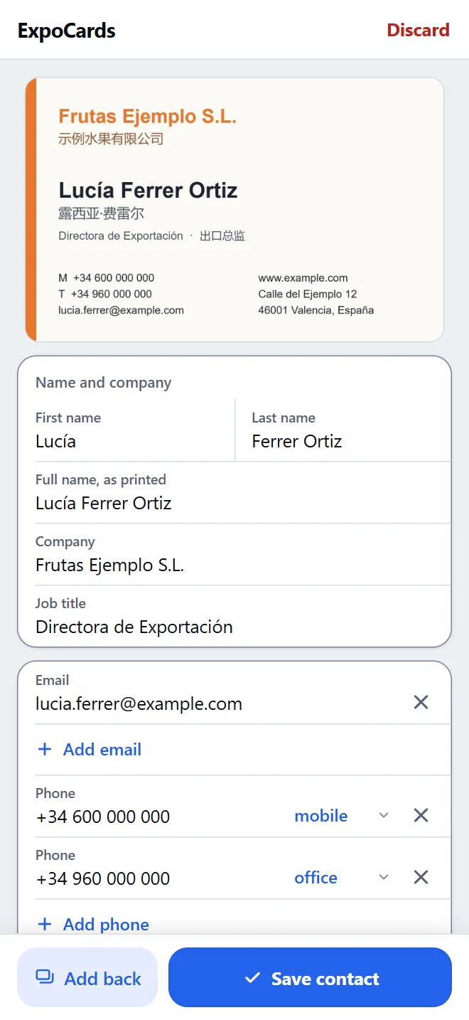 ExpoCards review screen: the photo of a fictional fruit exporter's business card printed in Spanish and Chinese and, below it, the first name, last name, job title, company, email and phone fields already filled in and ready to correct.